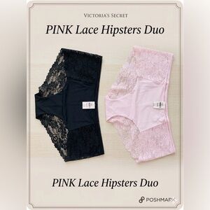 NWT VICTORIA SECRET “PINK”Lacy Hipsters 2 Pair Bundle of Pink & Black Plus SZ 2X